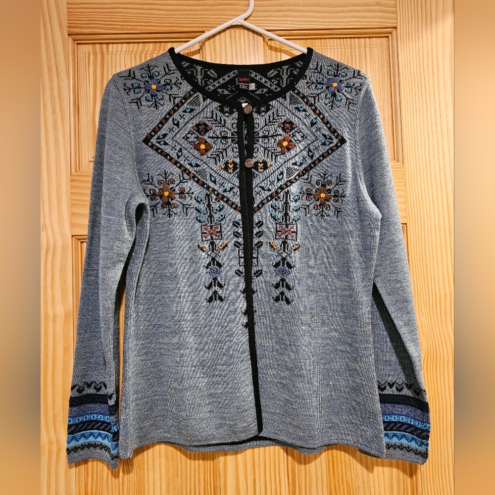 Tey Art Alpaca Wool Embroidered Cardigan 2 Button Knit Grey Blue Womens Small